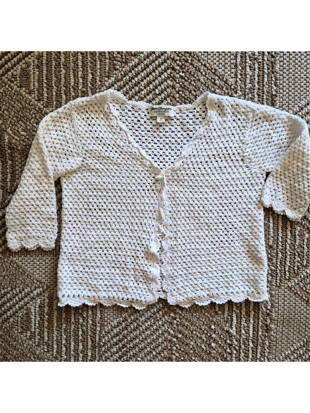 VTG Norm Thompson Linen Cotton Open Stitch Crochet Knit Cardigan Sweater M